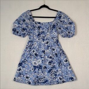 Women’s Floral Blue Puff Sleeve Dress Cottage Core Baby Doll Dress